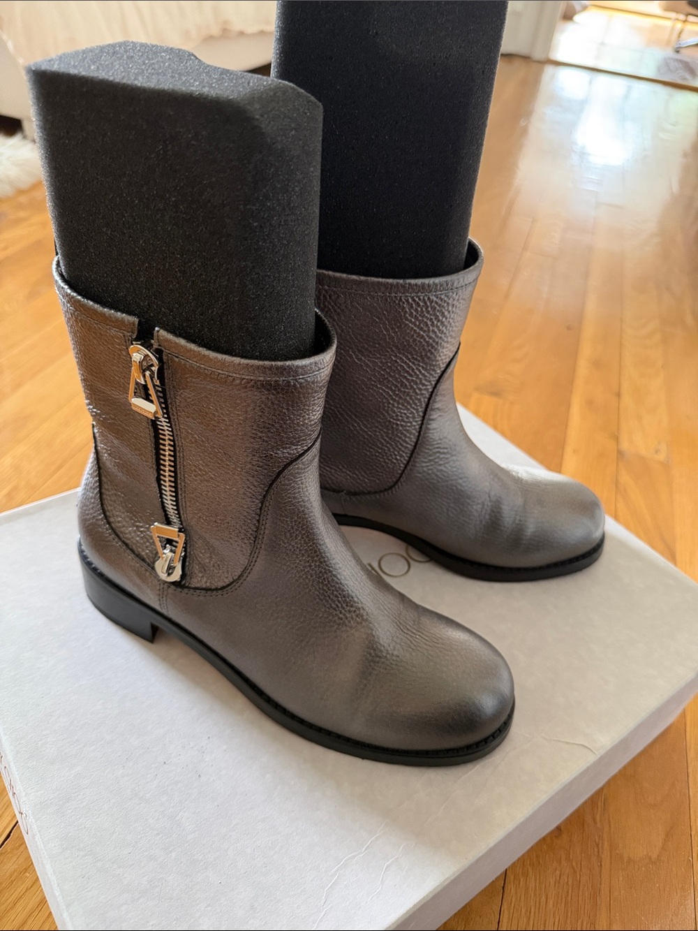 Grey Leather Ankle Boots with Side Zipper
